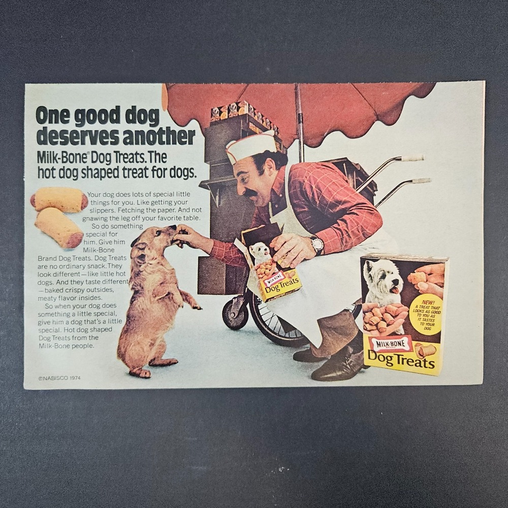 1974 Nabisco Milk Bone Dog Treats Vintage Print Ad Street Vendor Cart Good Dog